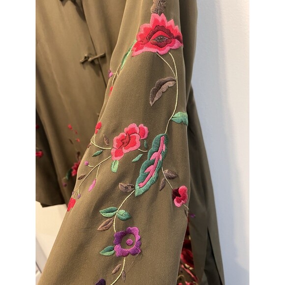 Sue Wong 100% Silk Olive Green Embroidered Flowers Kimono Duster Tunic Lined - Picture 5 of 13